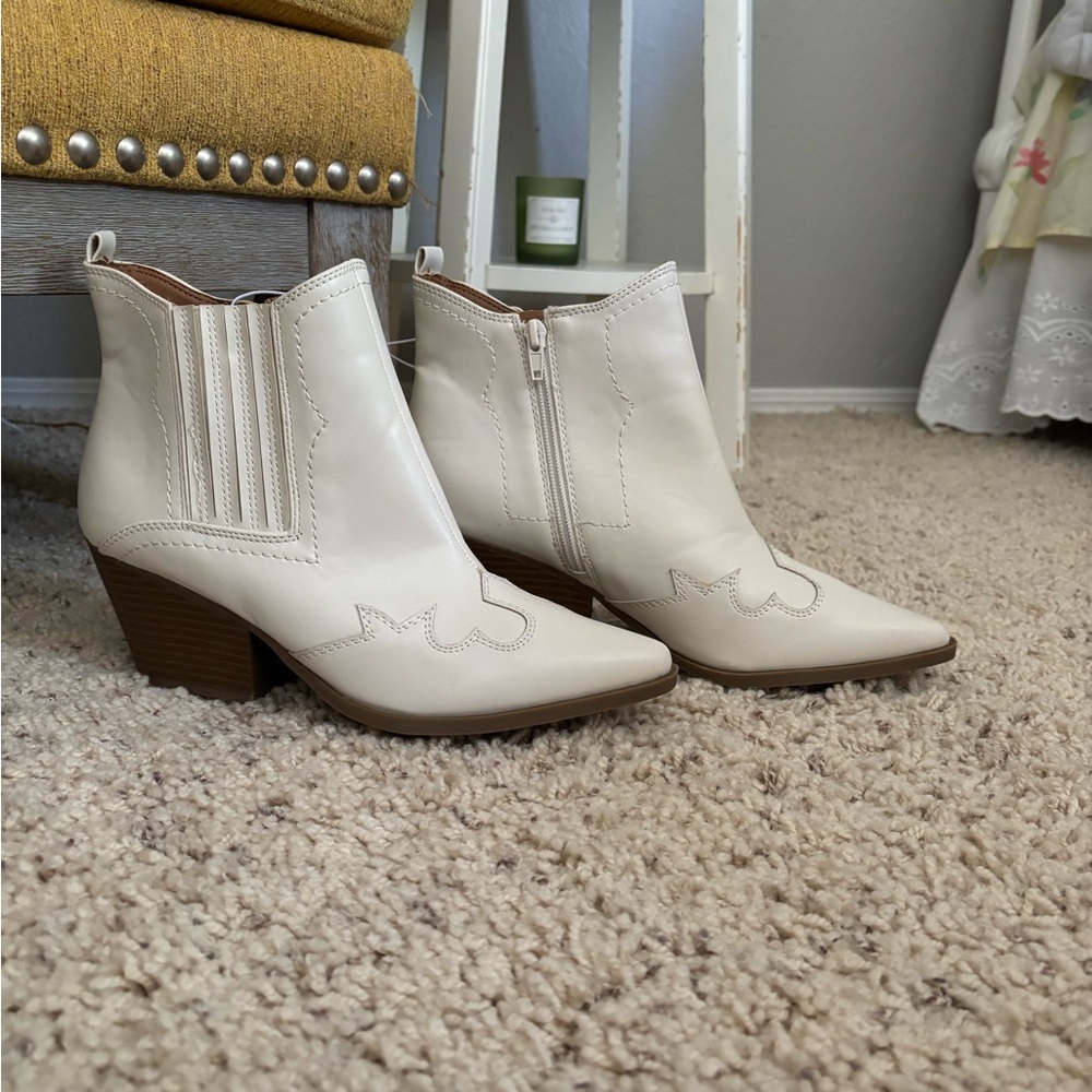 Cream Western-Inspired Ankle Booties with Block Heel